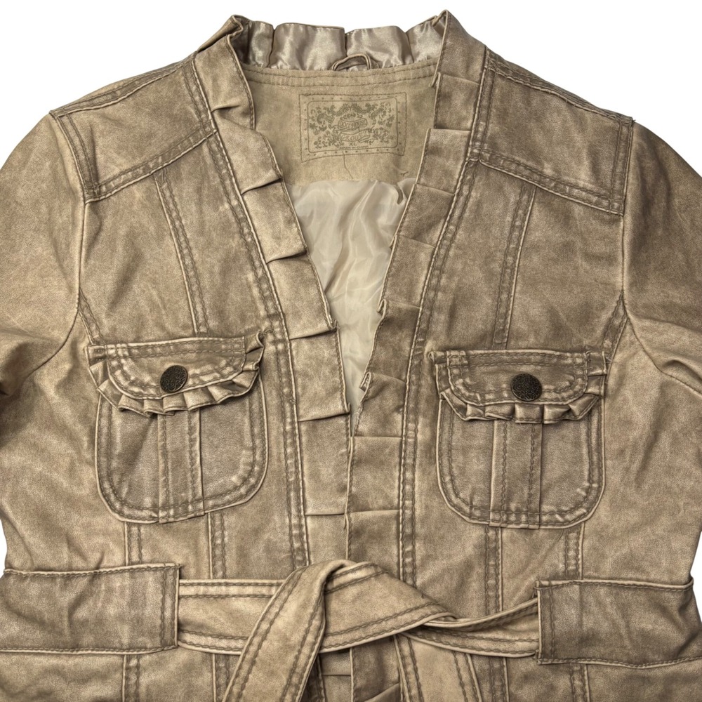 VTG Y2K DOLLHOUSE DISTRESSED UTILITY JACKET Women XL Vegan Ruffle Tan Belted